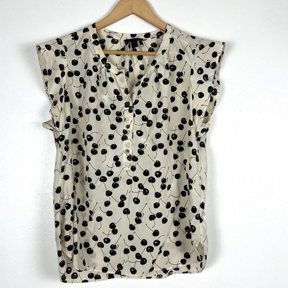 J. Crew Cherry Print Silk Top sz 10 Sleeveless Ruffle Ivory Capsule Office - Picture 1 of 10